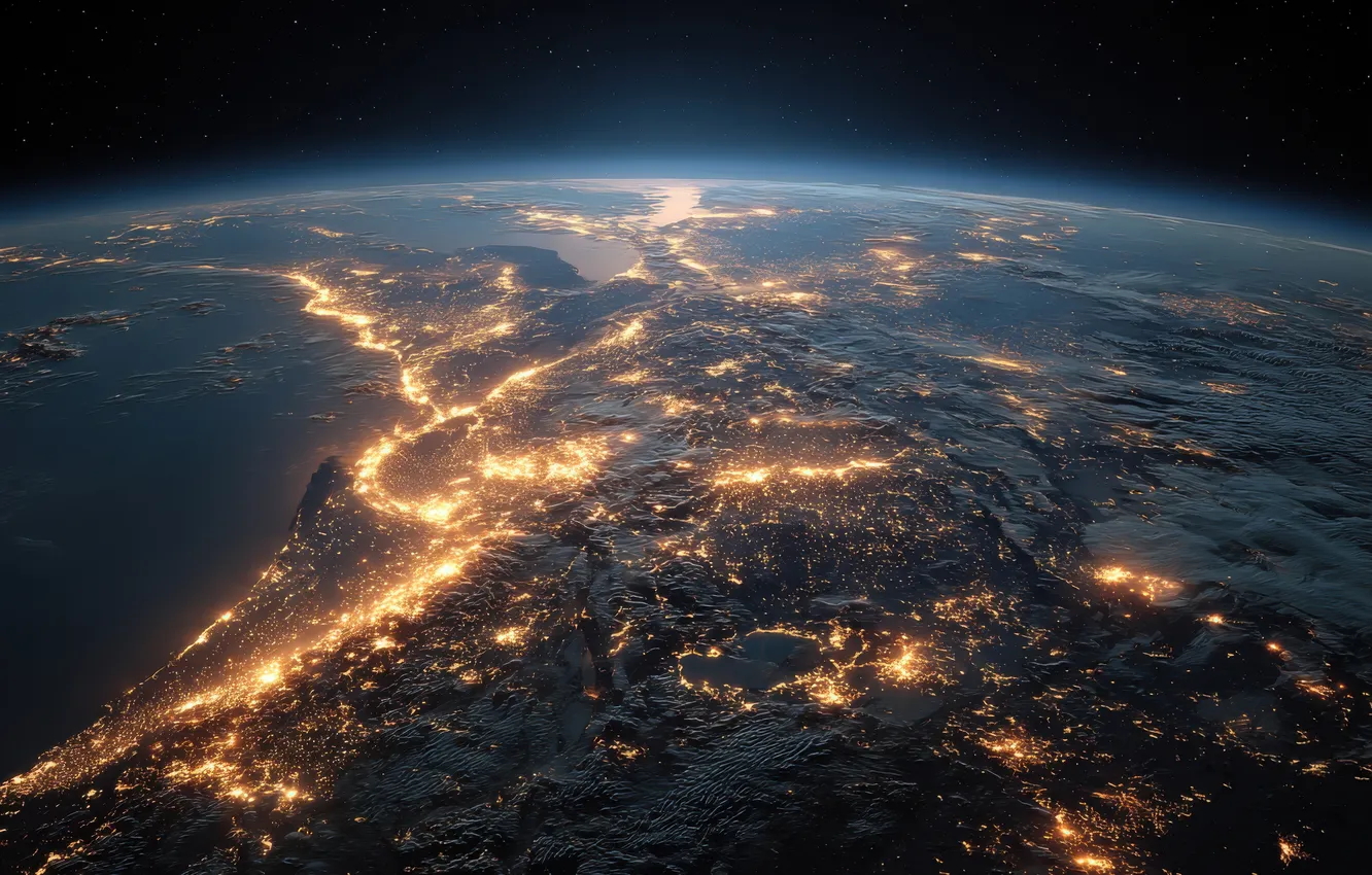 Фото обои огни, вид, планета, Земля, ИИ-арт, нейросеть