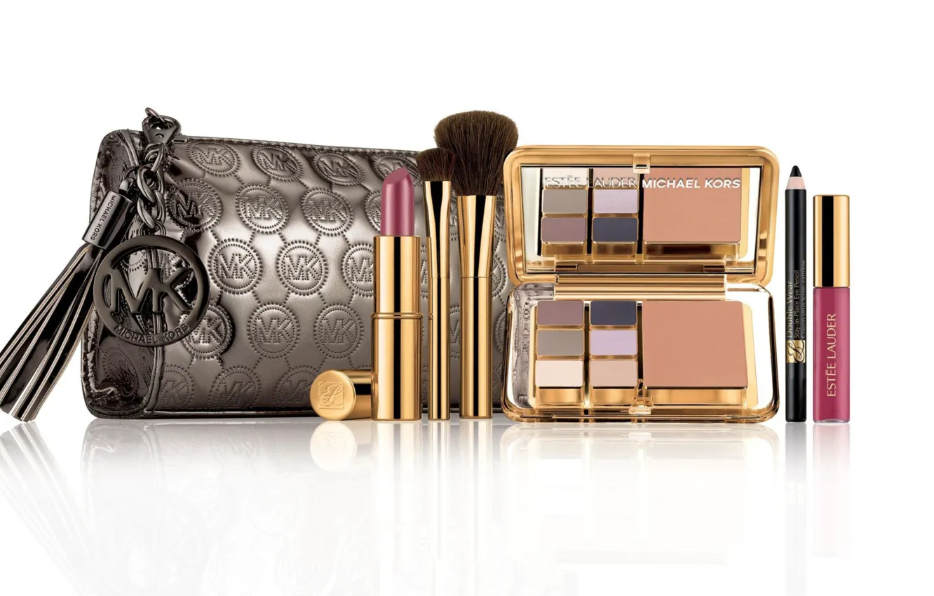 Фото обои блеск, помада, тени, косметика, Estee-Lauder, косметичка