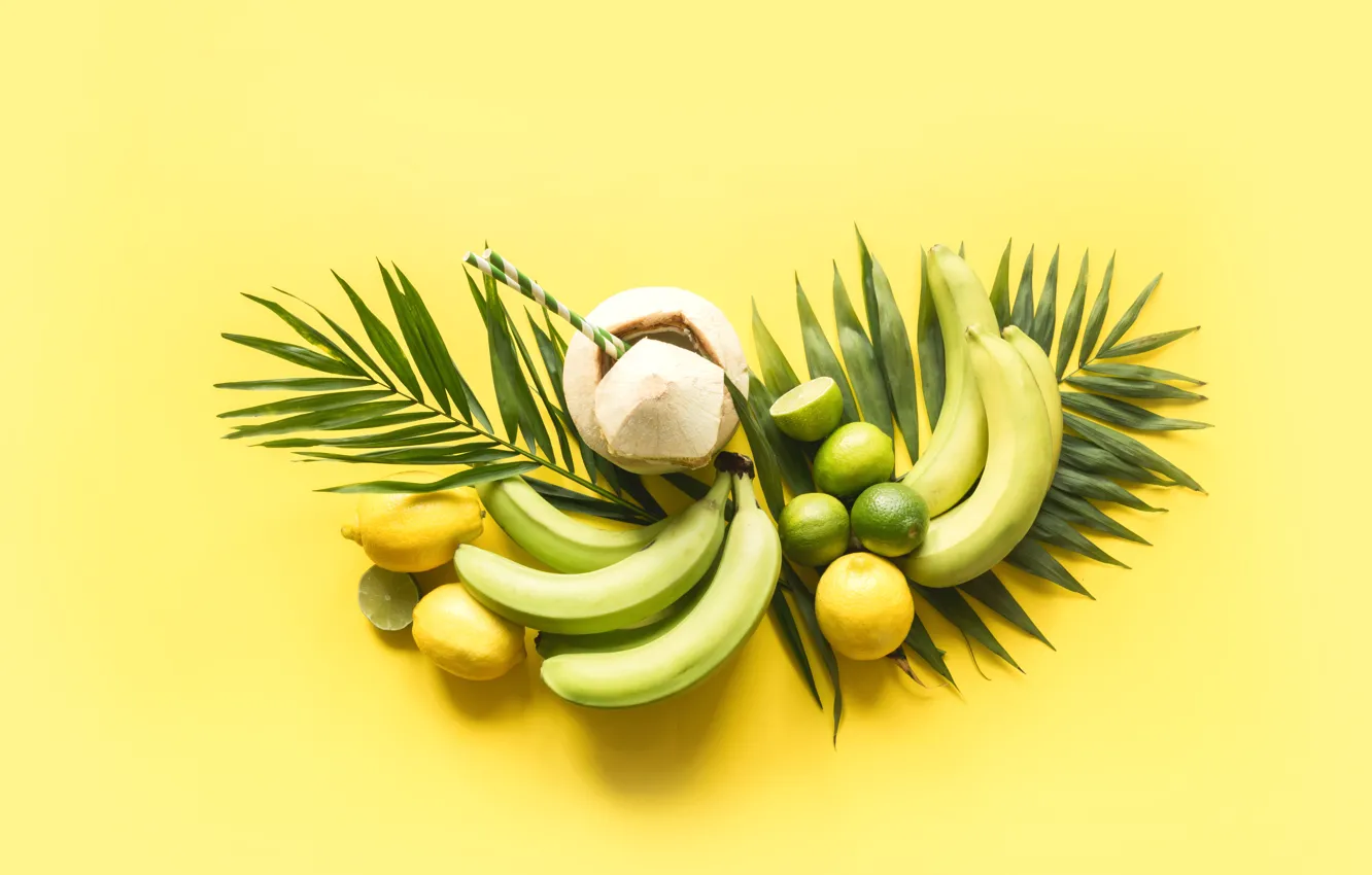 Фото обои листья, фон, лимон, кокос, бананы