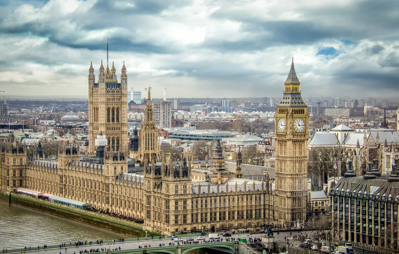 Фото обои мост, люди, башня, лондон, панорама, парламент, биг бен