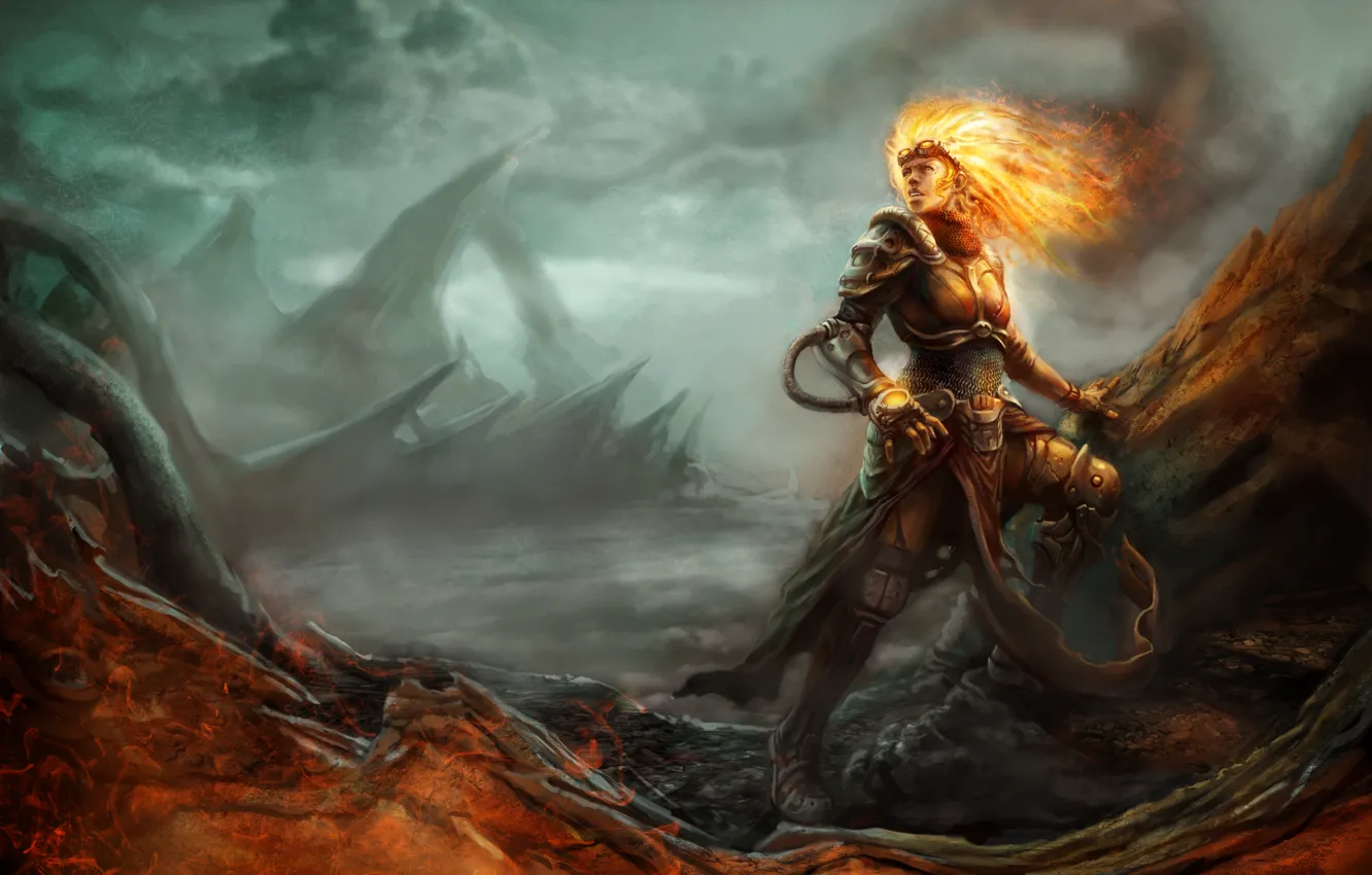 Фото обои девушка, пламя, доспехи, волшебница, Magic: The Gathering, Chandra