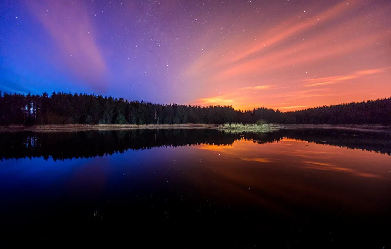 Фото обои небо, вода, звезды, деревья, пейзаж, природа, озеро, отражение