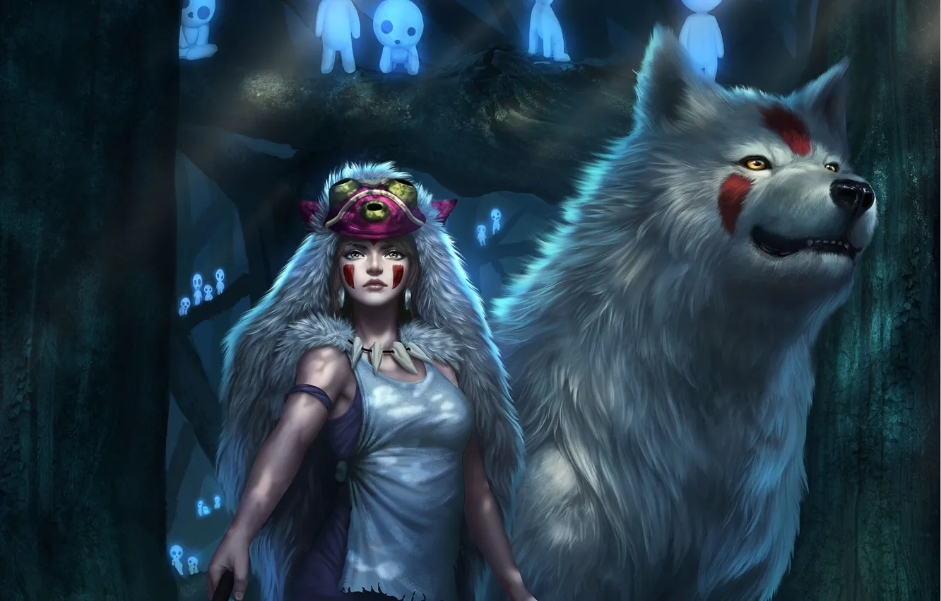 Фото обои лес, взгляд, девушка, волк, аниме, арт, шкура, Princess Mononoke