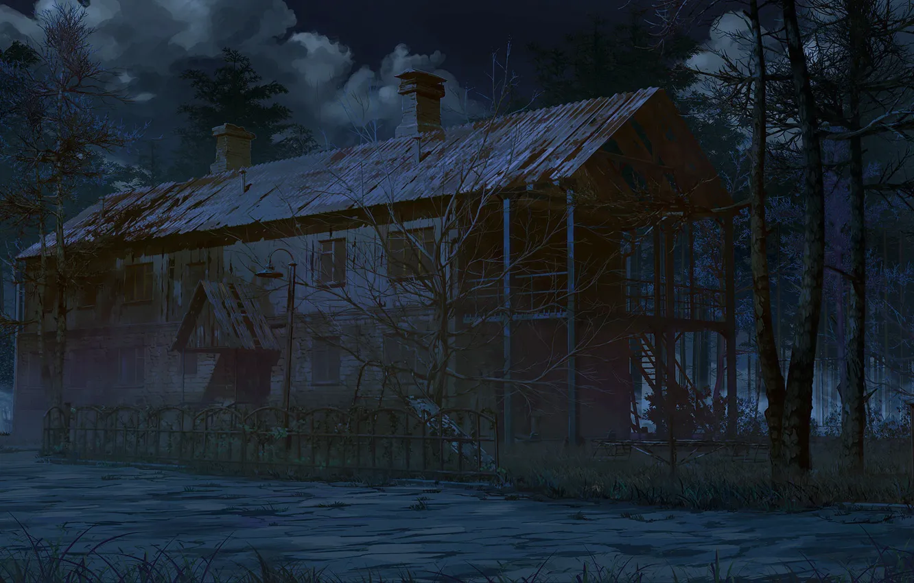 Фото обои лес, ночь, дом, труба, Scary house