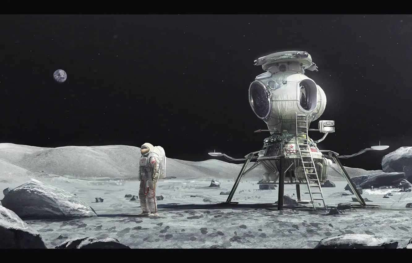 Фото обои планета, космонавт, звёзды, аппарат, Soviet Moon