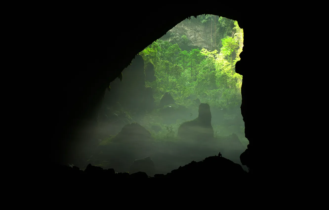 Фото обои деревья, человек, силуэт, пещера, Вьетнам