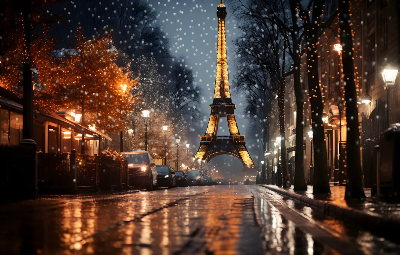 Фото обои зима, снег, украшения, ночь, city, город, lights, огни
