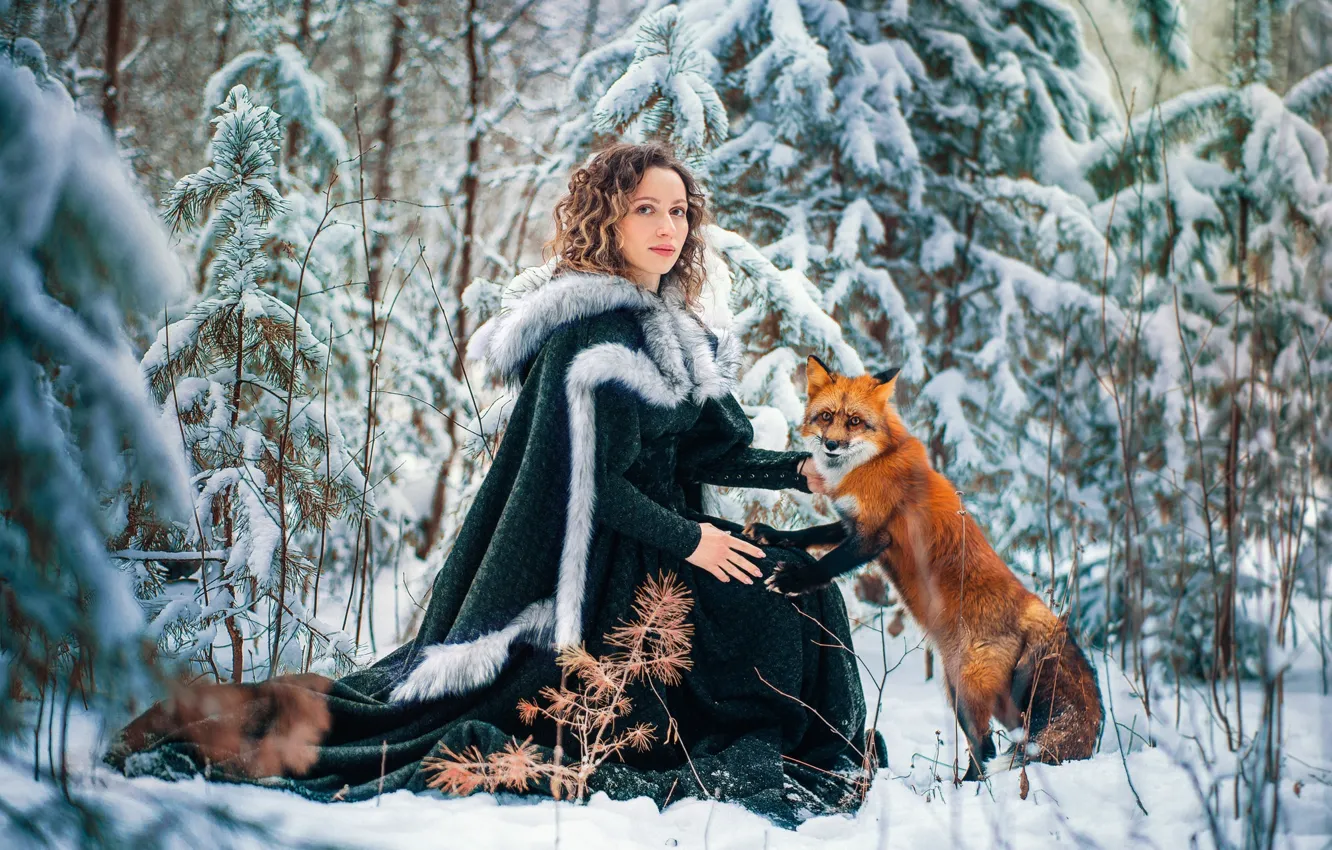 Фото обои зима, лес, девушка, снег, лиса, рыжая, Елена, на природе