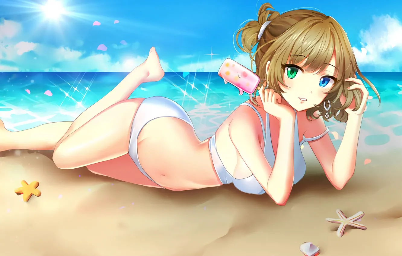 Фото обои girl, sexy, cleavage, beach, sea, boobs, anime, beautiful
