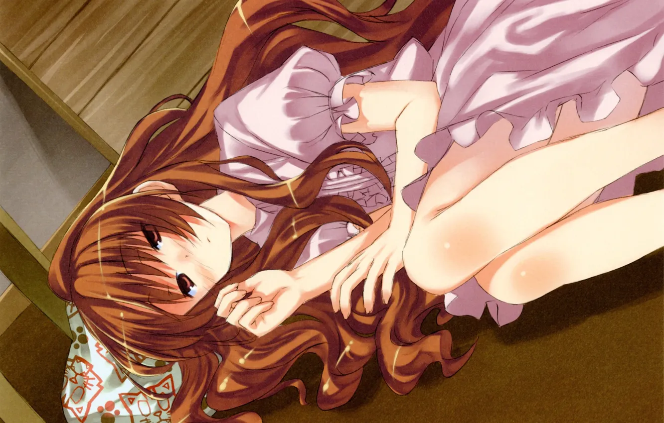 Фото обои рыжая, длинные волосы, колени, оборки, Aisaka Taiga, Toradora!, лежит на полу, сонная