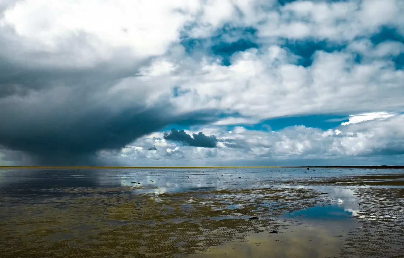 Фото обои небо, облака, залив, Исландия, мелководье