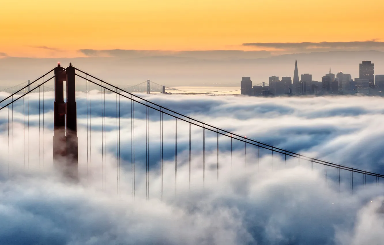 Фото обои небо, мост, город, туман