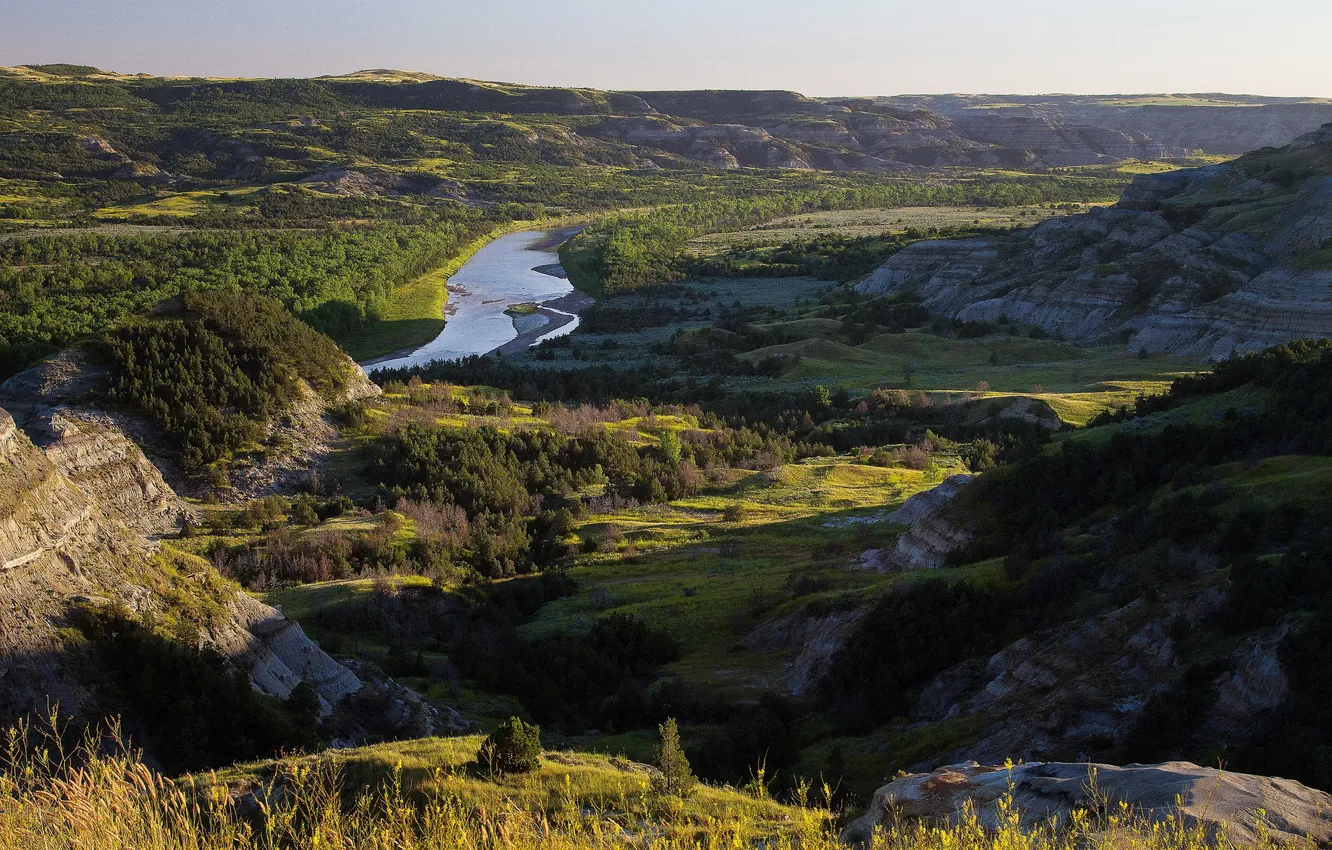 Фото обои горы, река, долина, США, Theodore Roosevelt National Park