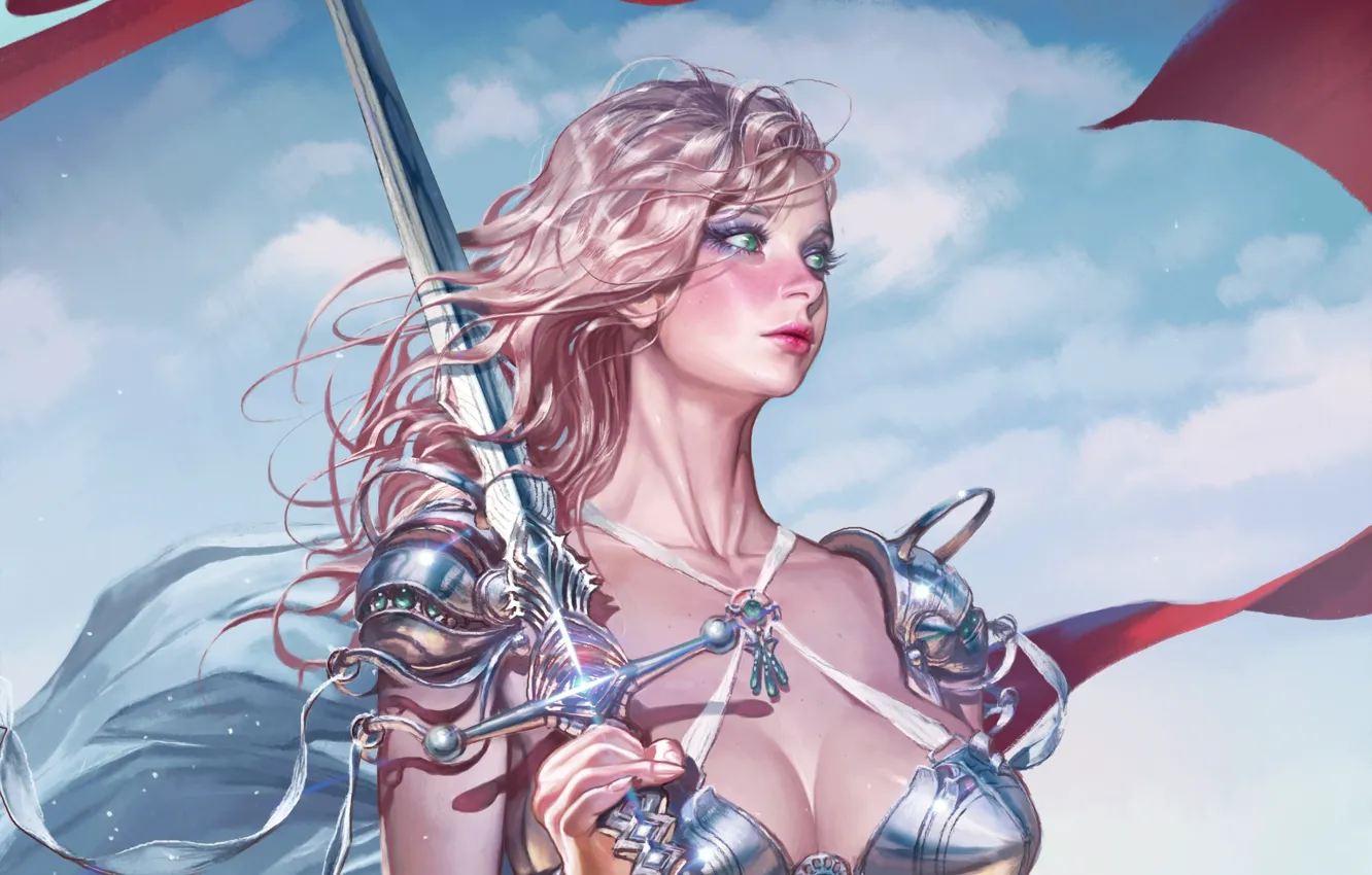 Фото обои girl, sword, fantasy, cleavage, armor, green eyes, weapon, breast