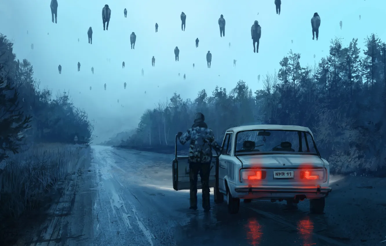 Фото обои Авто, Дорога, Туман, Человек, Машина, Люди, Чернобыль, Припять