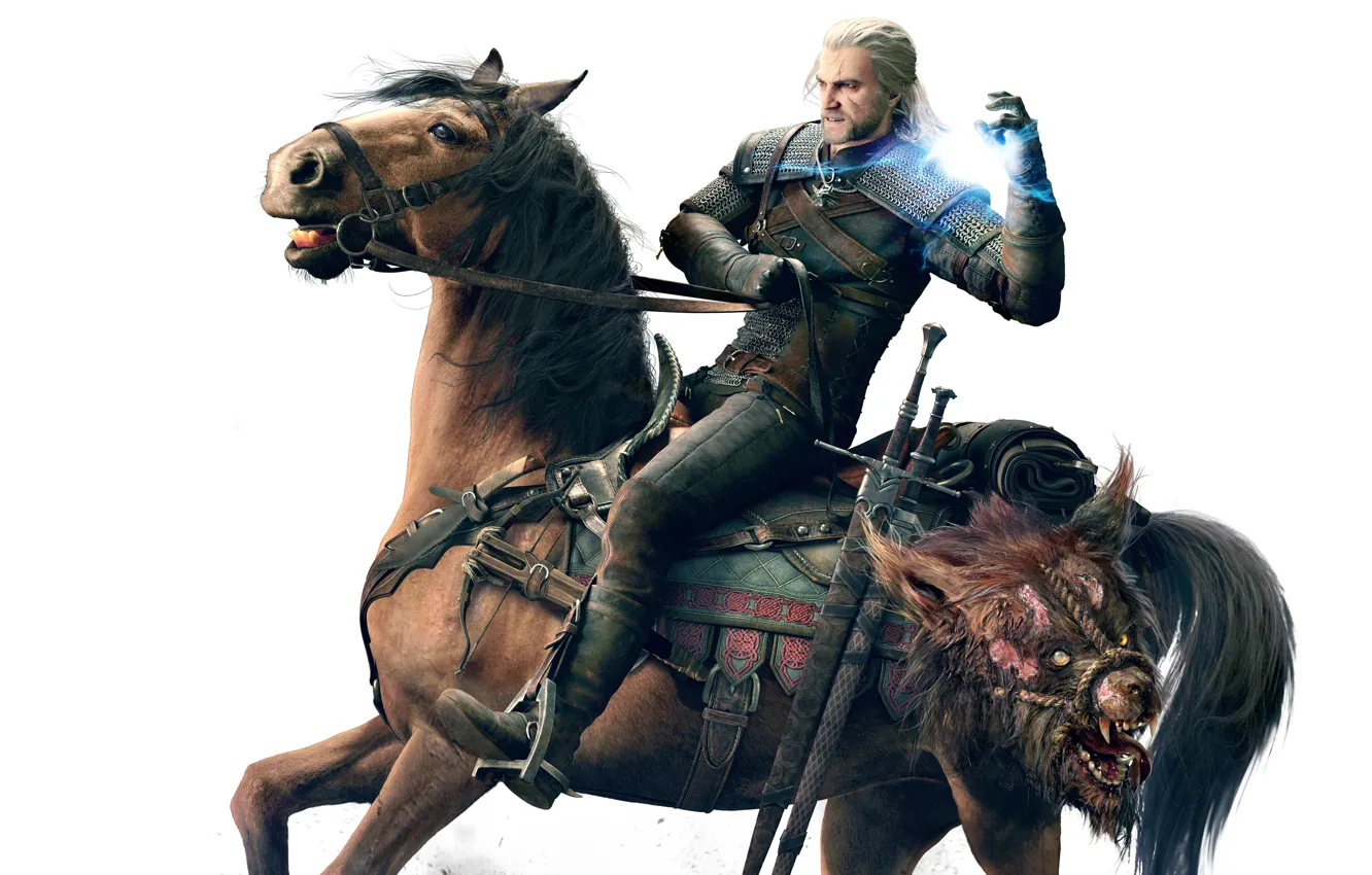 Фото обои конь, магия, монстр, голова, чудище, броня, Дикая Охота, мечи
