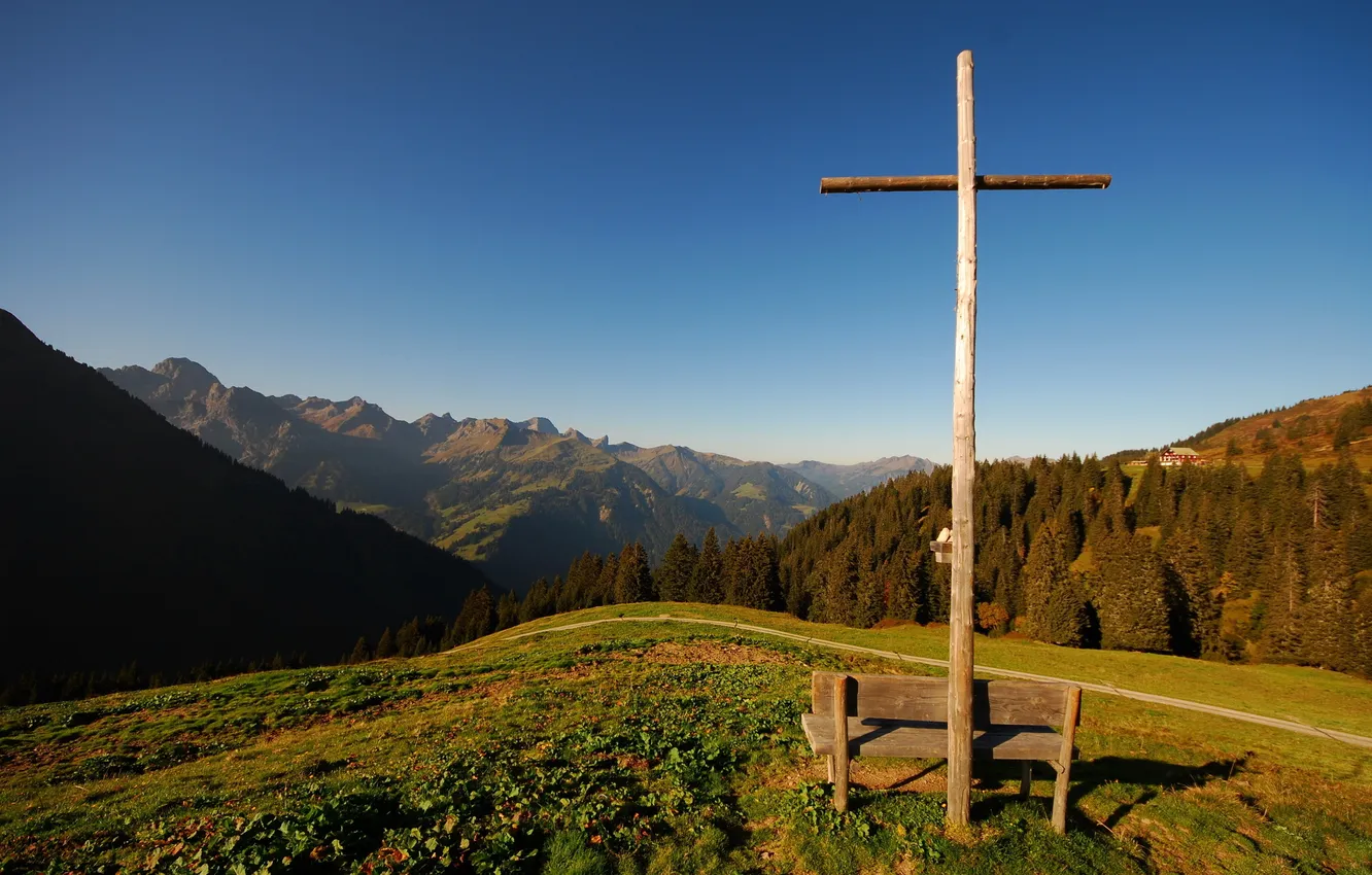 Фото обои лето, горы, крест, скамья
