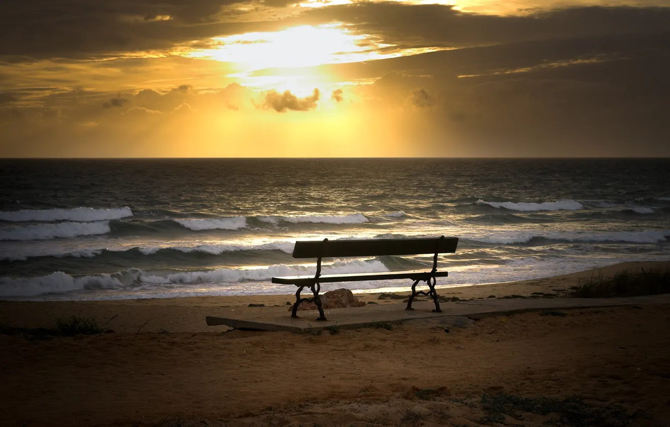 Фото обои песок, скамейка, фото, настроение, берег, пейзажи, вид, лавочка