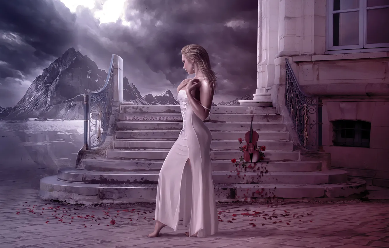 Фото обои девушка, скрипка, здание, розы, лестница, лерестки