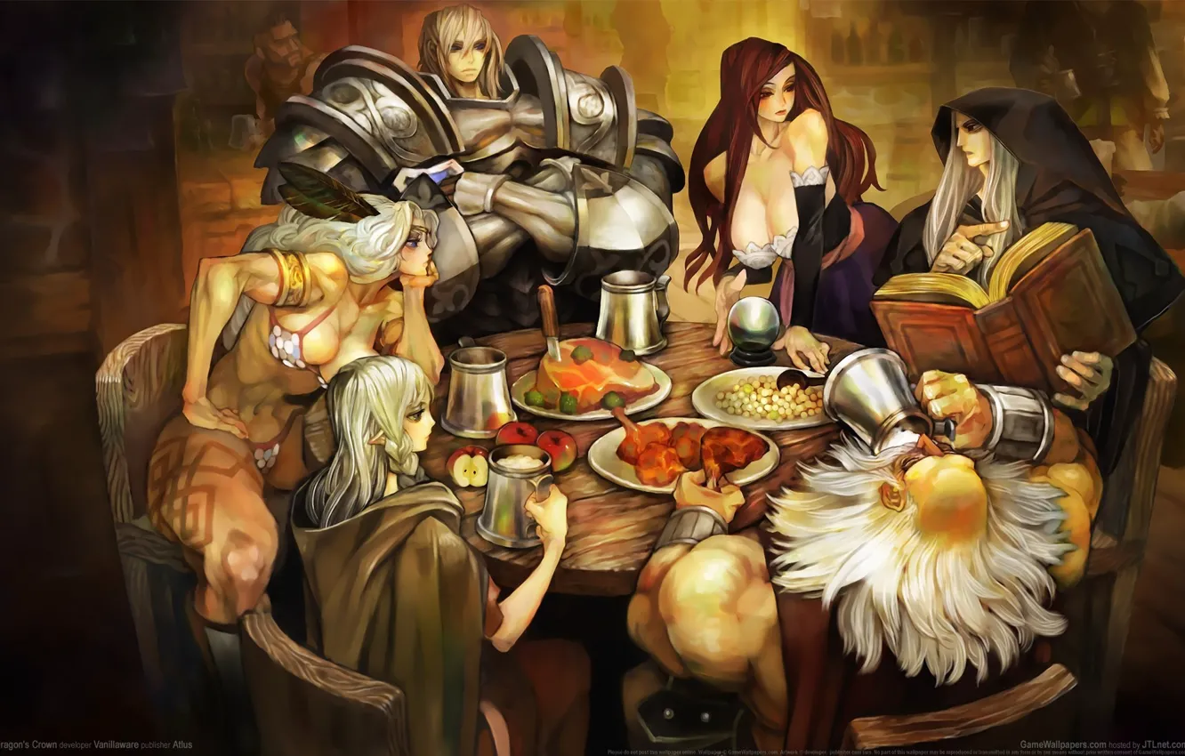 Фото обои эльфы, гномы, воины, застолье, game wallpapers, маги, собрание, Dragon's crown