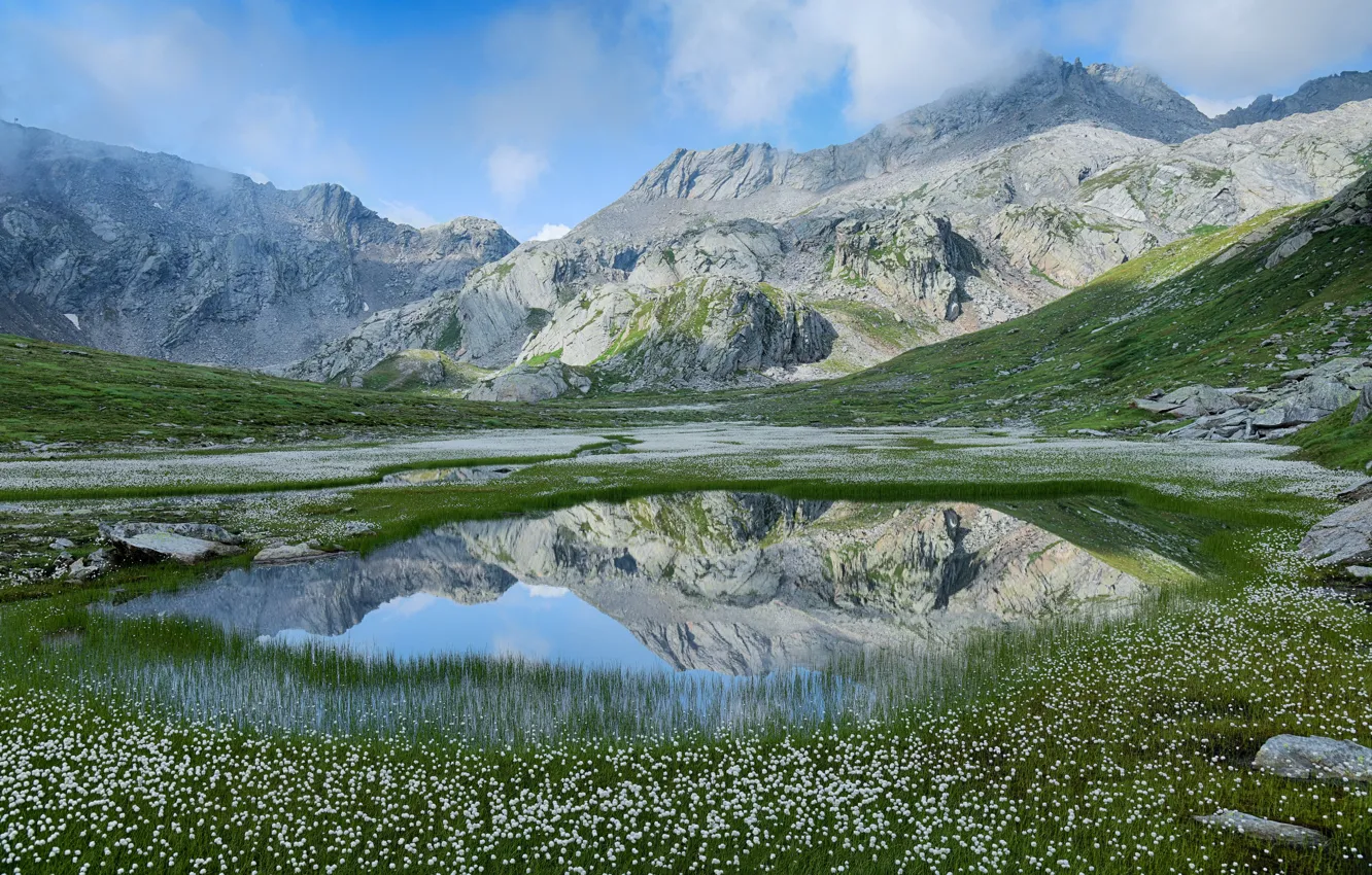 Фото обои горы, озеро, скалы, берег, хлопчатник