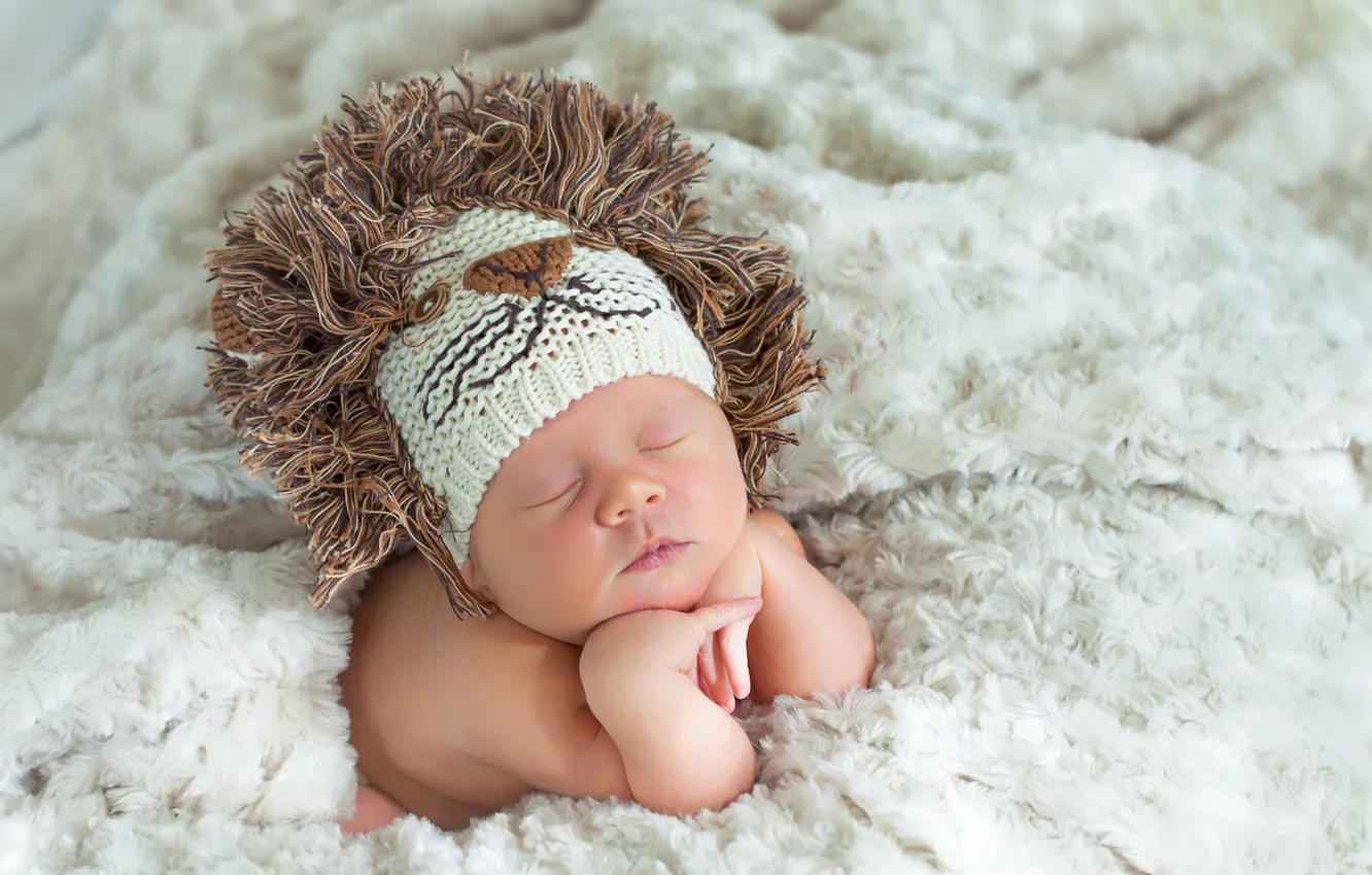 Фото обои шапка, ребенок, лев, малыш, одеяло, вязанная, младенец