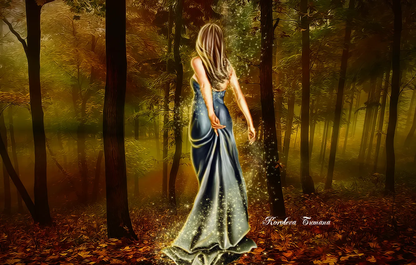 Фото обои лес, листья, девушка, деревья, магия, волосы, спина, огоньки