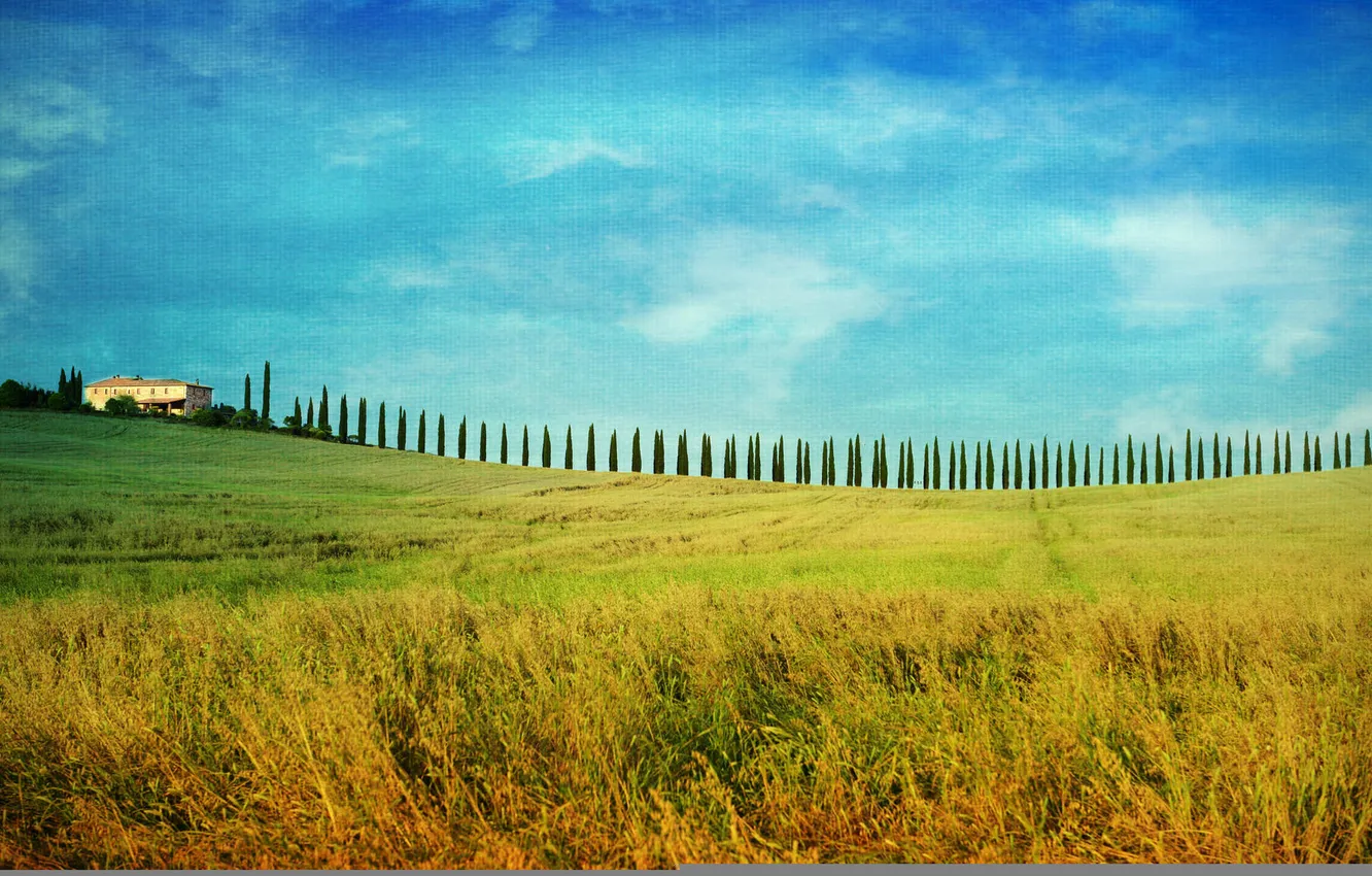 Фото обои поле, небо, облака, деревья, дом, Италия, ферма, Тоскана