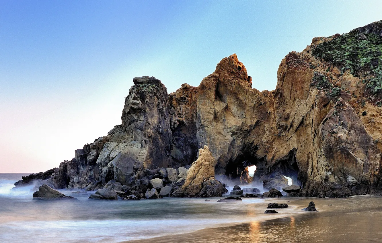 Фото обои песок, пляж, океан, скалы, California, грот, Big Sur, Pfeiffer Beach