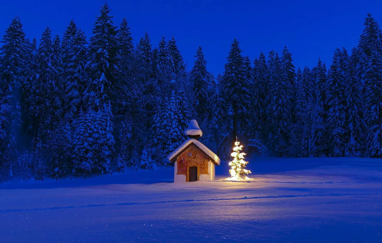 Фото обои зима, Германия, Бавария, Рождество, часовня