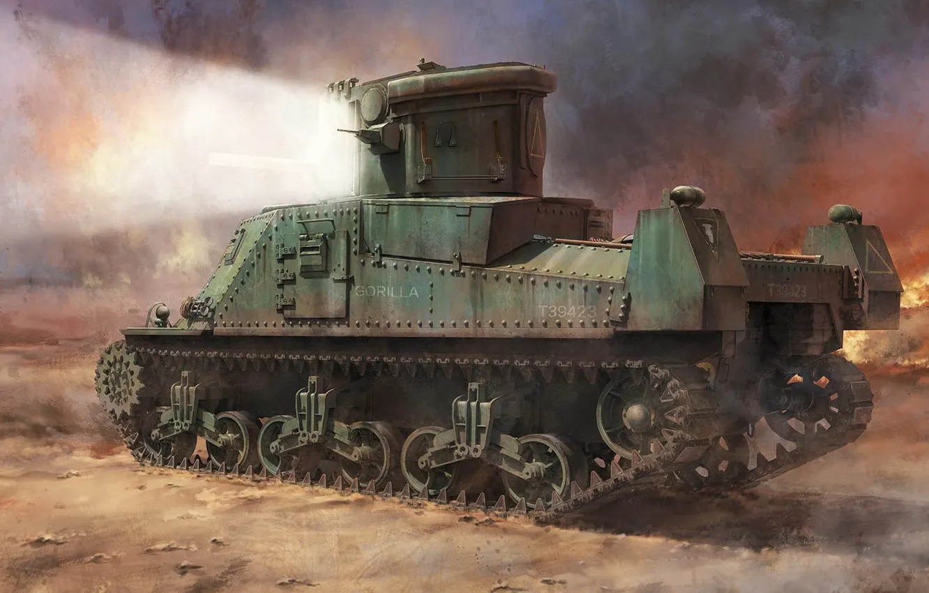 Фото обои Прожектор, British Medium Tank, Canal Defence Light, M3 Grant CDL, Дуговая лампа, secret weapon