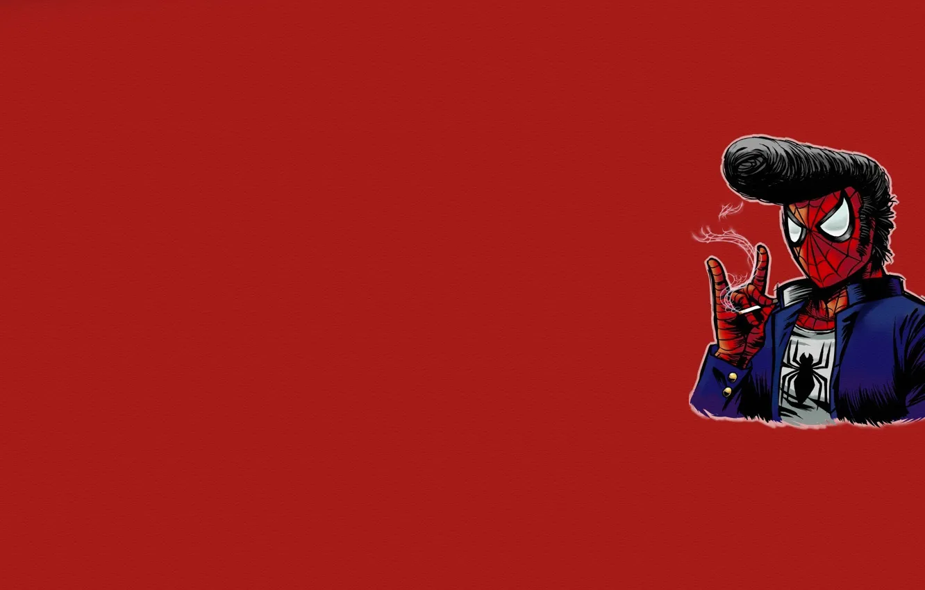 Фото обои минимализм, паутина, прическа, сигарета, красный фон, элвис пресли, человек паук, spider man