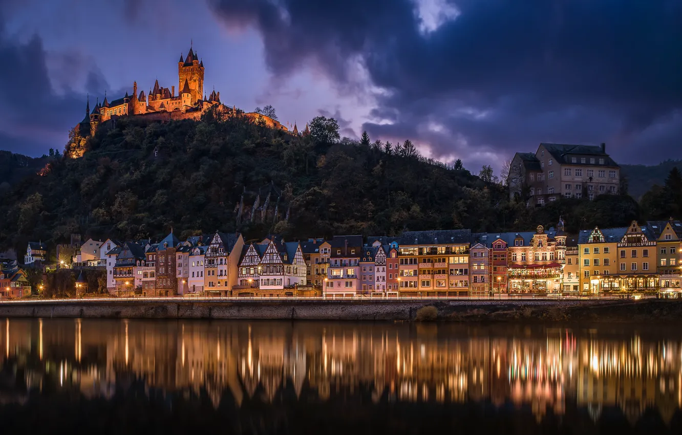 Фото обои ночь, река, замок, здания, дома, Германия, холм, Germany