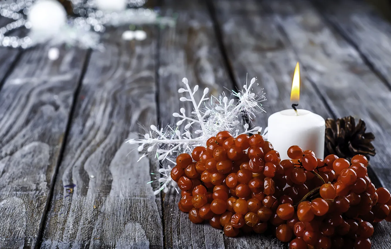 Фото обои свеча, Новый Год, Рождество, Christmas, снежинка, рябина, New Year, Xmas