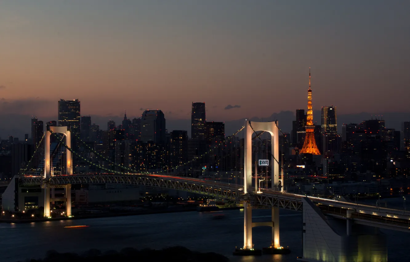 Фото обои мост, огни, башня, вечер, Токио, сумерки, Радужный
