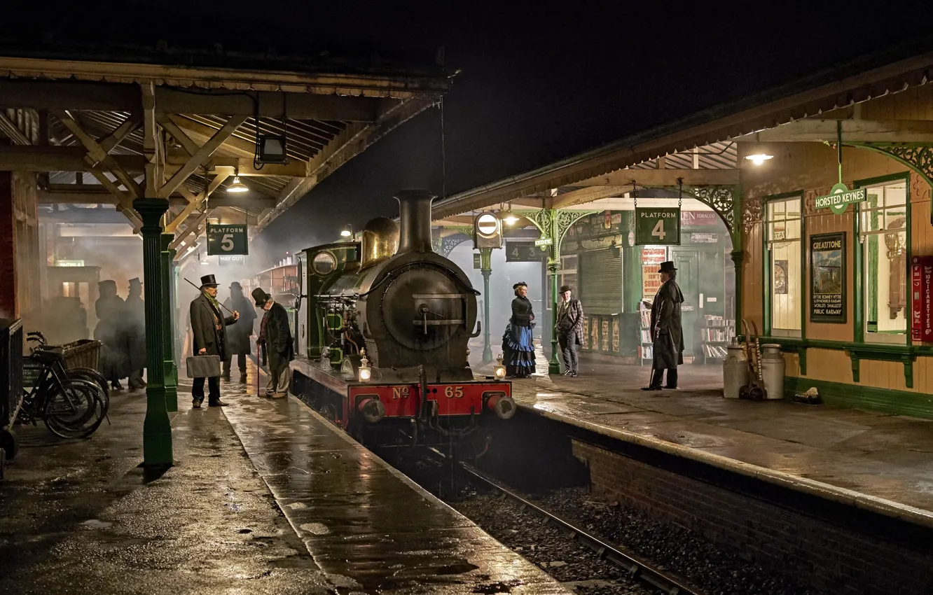 Фото обои ретро, люди, Англия, паровоз, станция, перрон