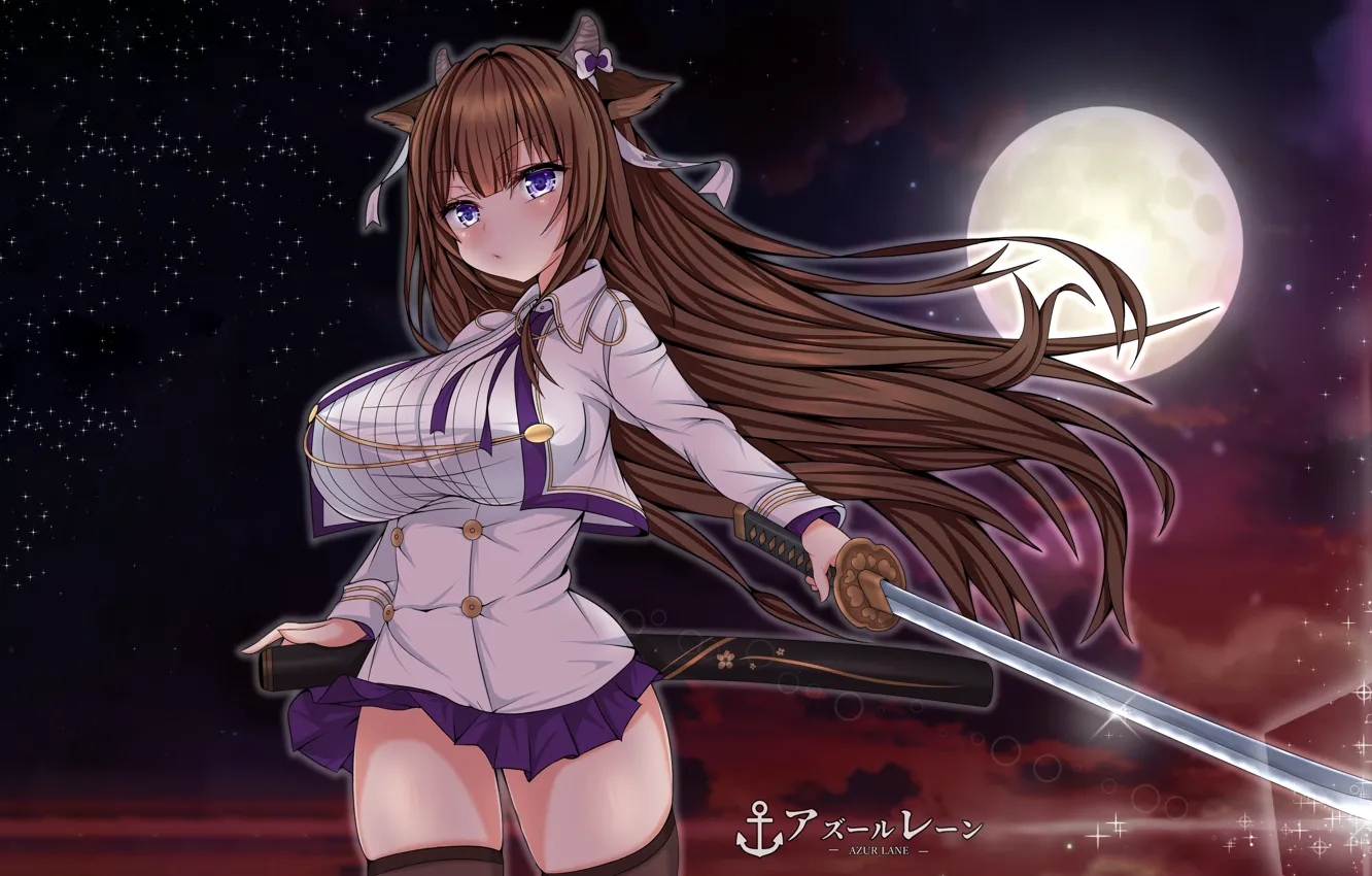 Фото обои girl, moon, sword, sexy, thighhighs, horns, long hair, brown hair