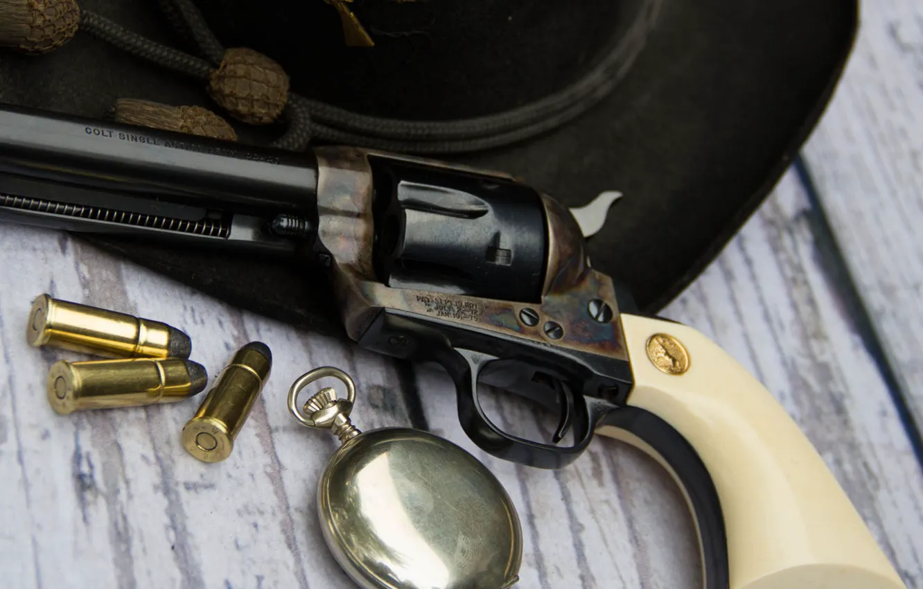 Фото обои оружие, часы, шляпа, патроны, револьвер, Colt, Action Army