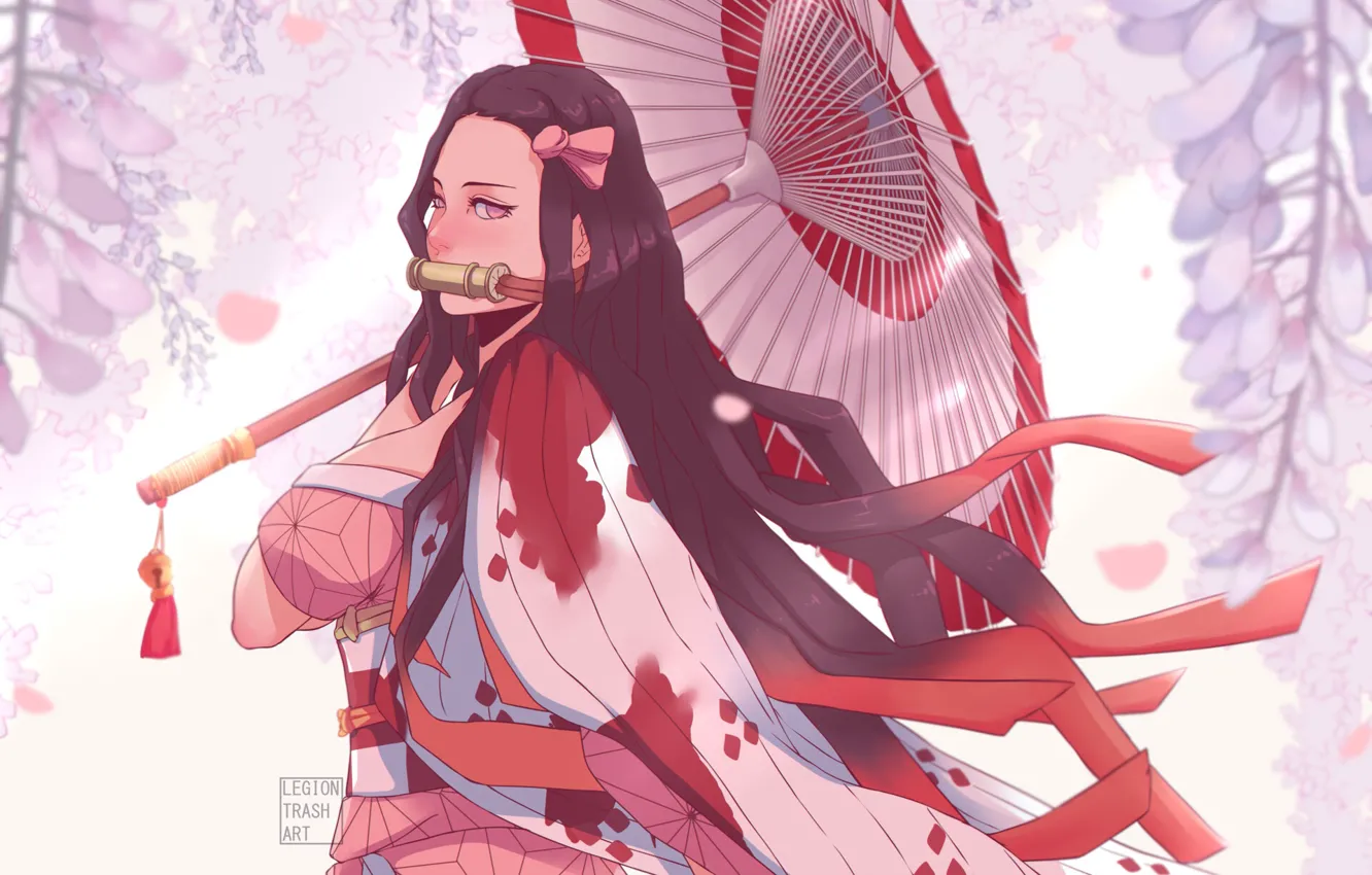 Фото обои Зонтик, Fantasy, Illustration, Characters, Иллюстрация, Nezuko Kamado, Эстетика, Oni