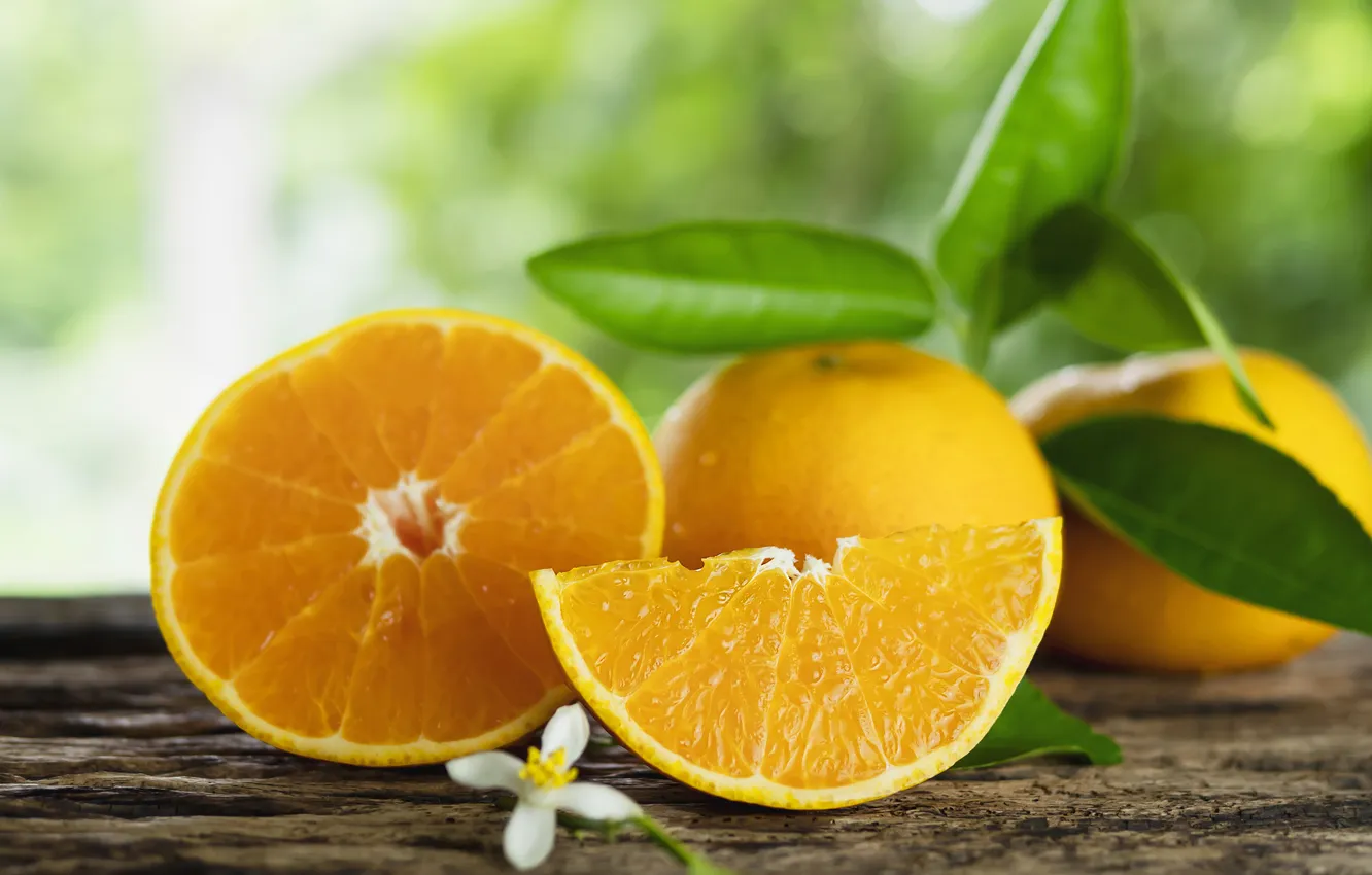 Фото обои листья, макро, доски, апельсин, фрукты, дольки, боке, композиция