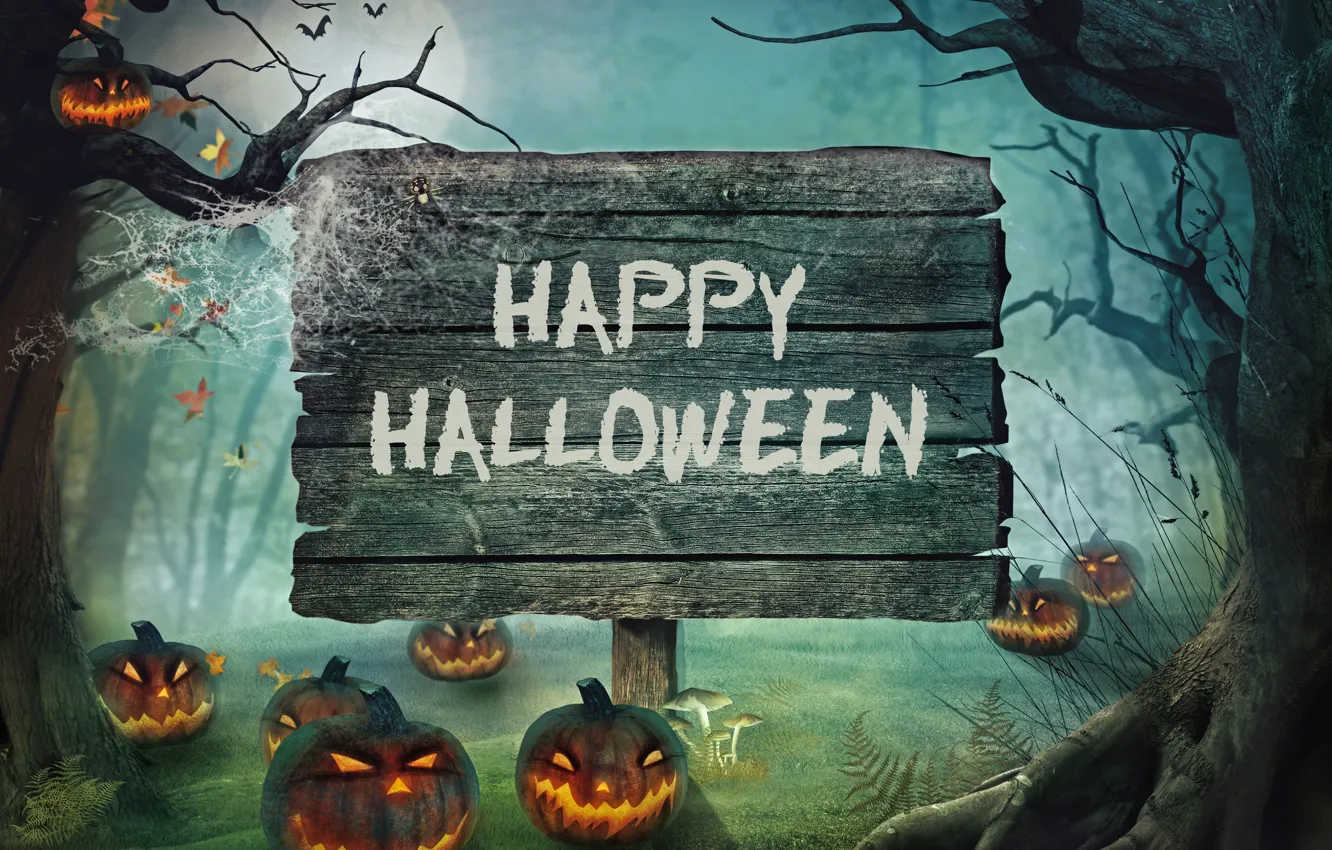 Фото обои лес, Halloween, тыква, Хэллоуин, night, holiday, candles, pumpkin