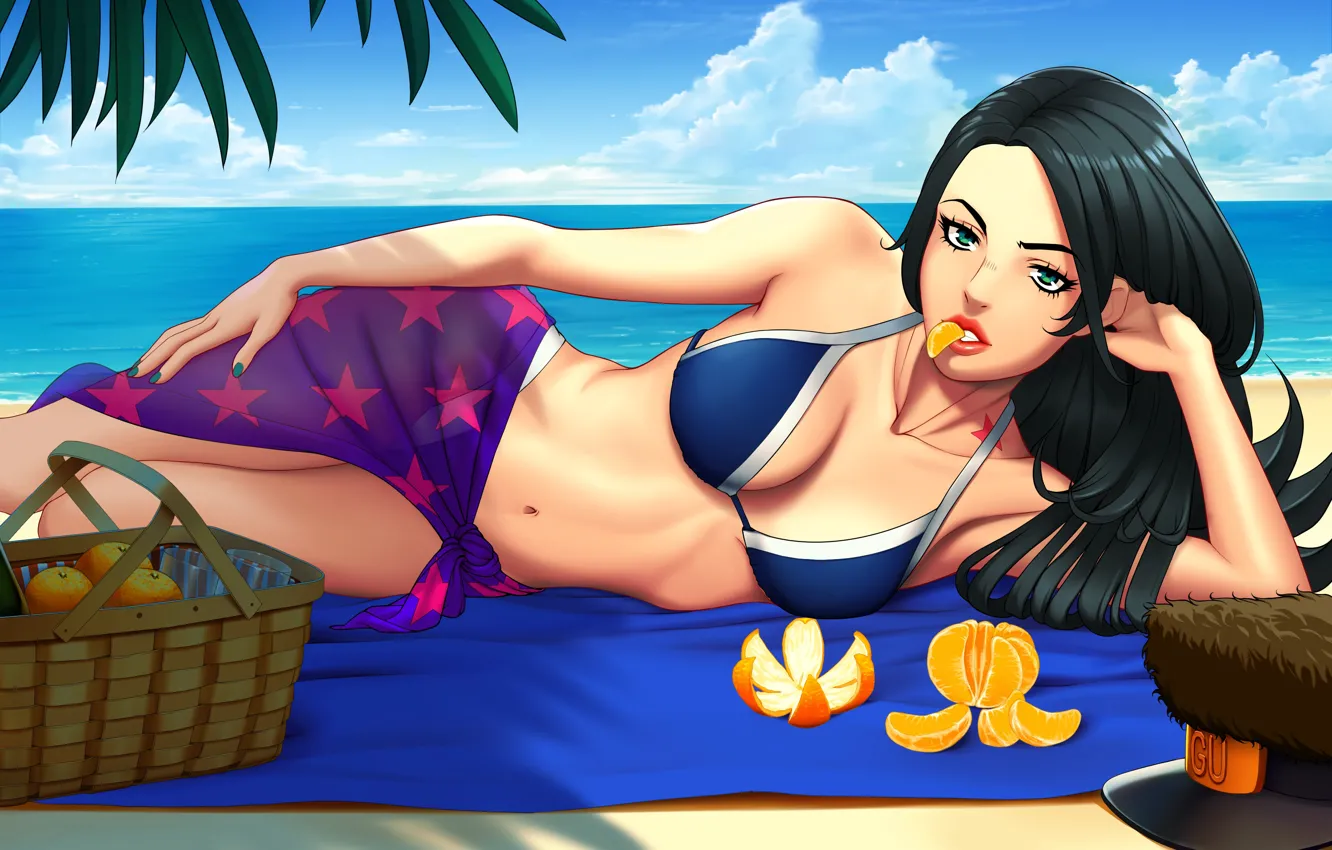 Фото обои море, пляж, купальник, грудь, девушка, тело, апельсин, JoJo's Bizarre