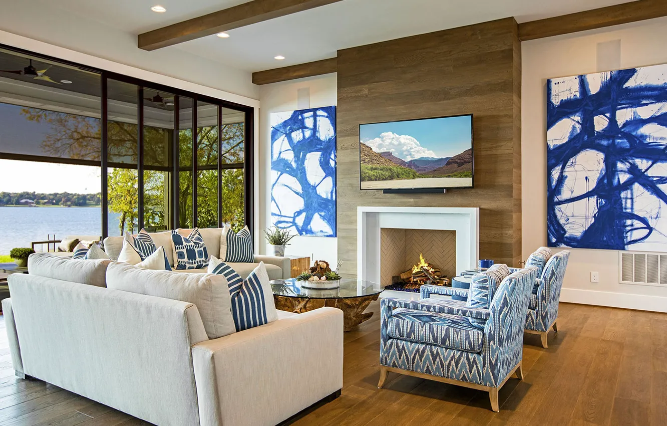 Фото обои дизайн, стиль, интерьер, камин, гостиная, вид на реку, living room overlooking a riwer