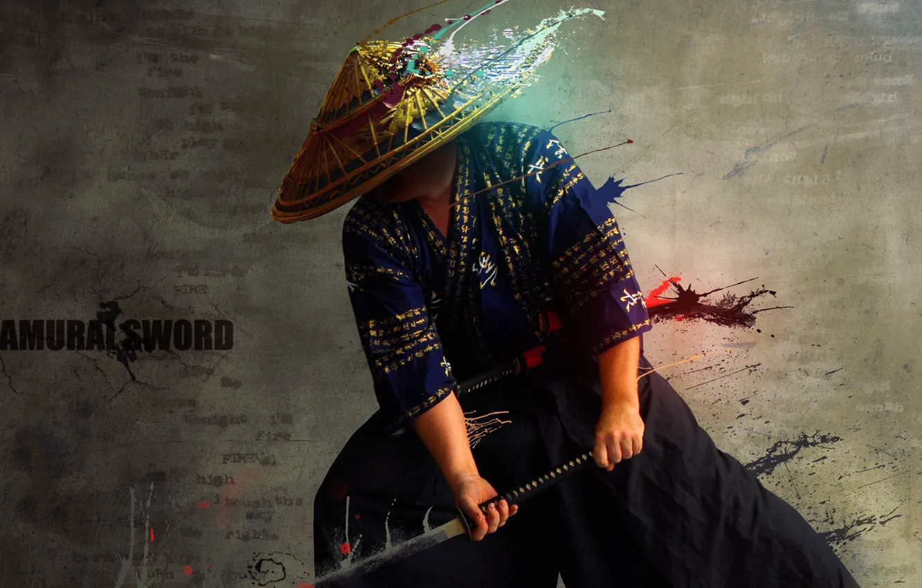 Фото обои катана, шляпа, самурай, удар, кимоно, Samurai Sword