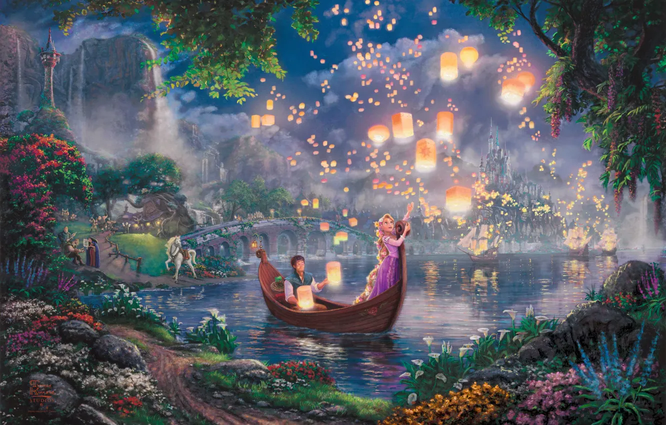 Фото обои цветы, ночь, мост, огни, озеро, замок, лодка, сказка