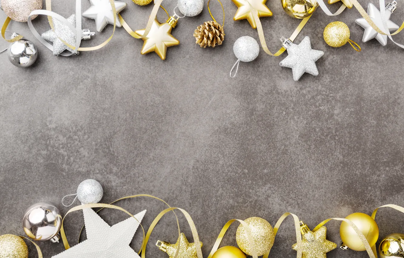 Фото обои украшения, шары, Новый Год, Рождество, silver, golden, Christmas, balls