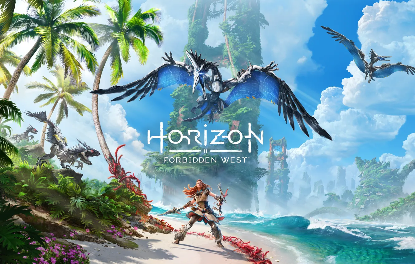 Фото обои девушка, природа, динозавр, Aloy, Horizon Forbidden West