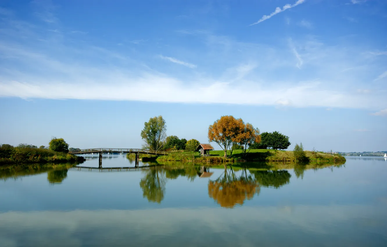 Фото обои небо, вода, деревья, озеро, река, фото, обои, пейзажи