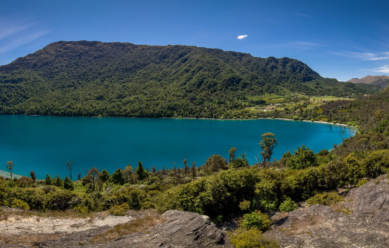 Фото обои озеро, Новая Зеландия, холм, панорама, New Zealand, Lake Wakatipu, озеро Уакатипу, полуостров