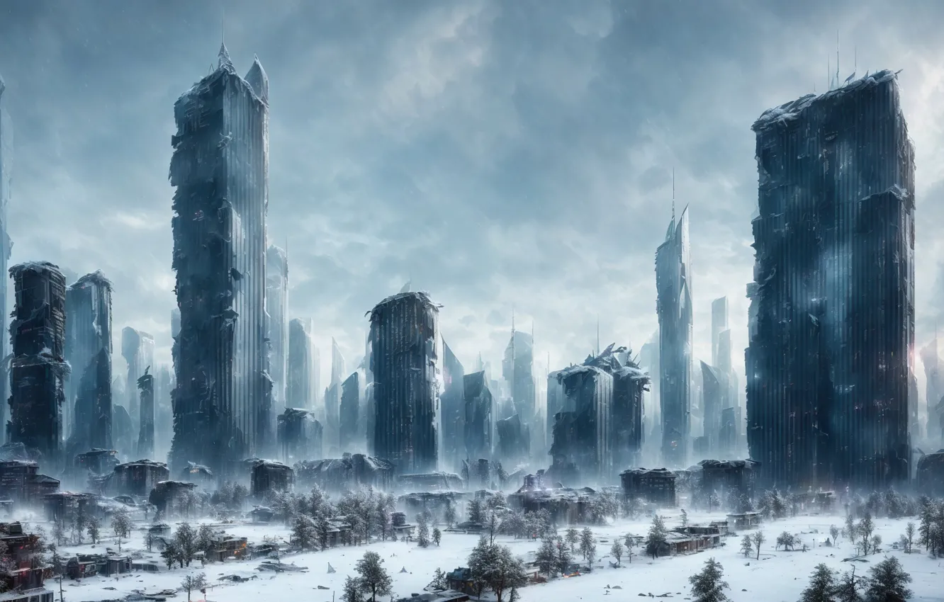Фото обои city, future, landscape, art, snow, fantastic, cyberpunk, digital art